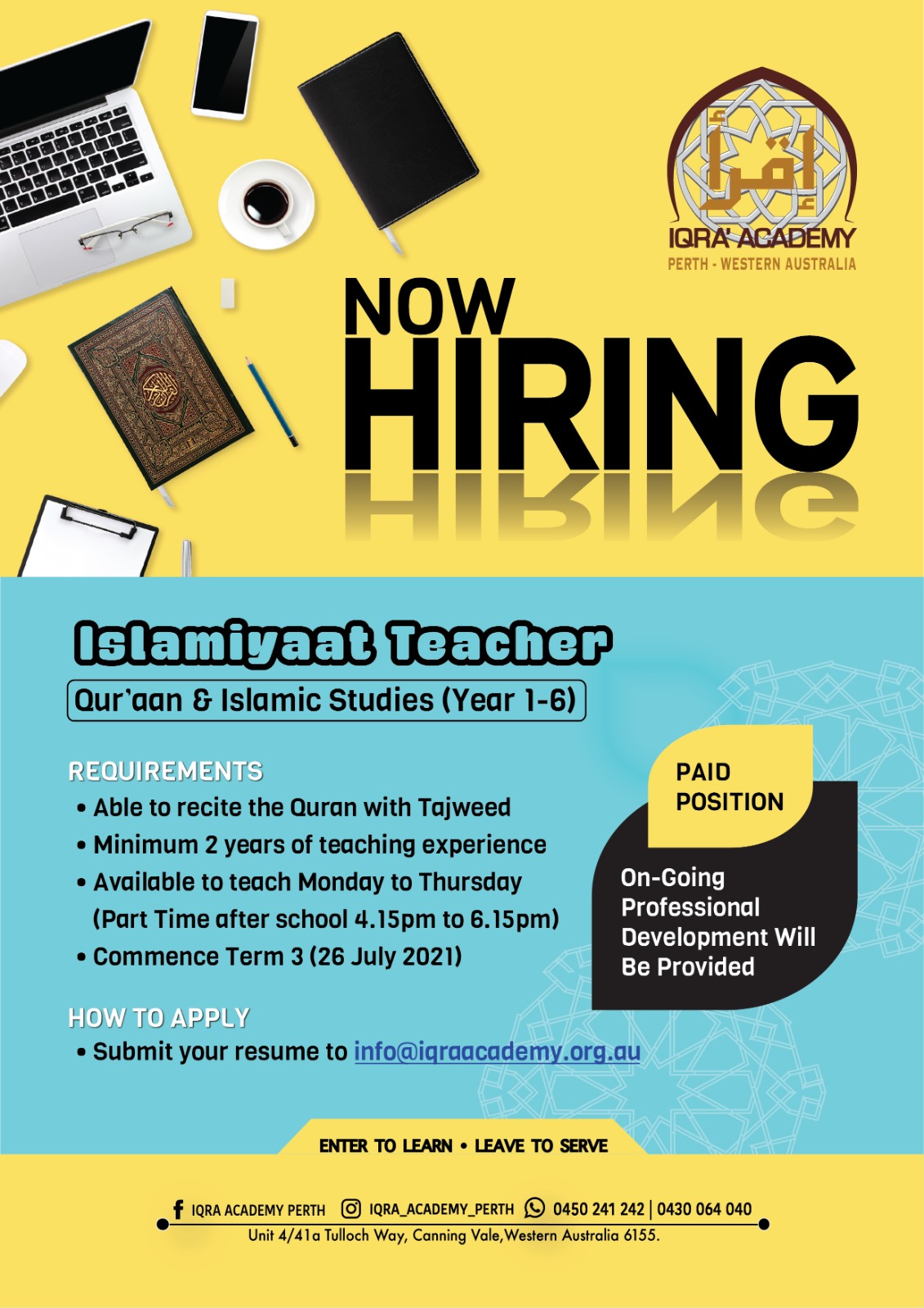 IQRA’ Academy Islamic Teacher Wanted